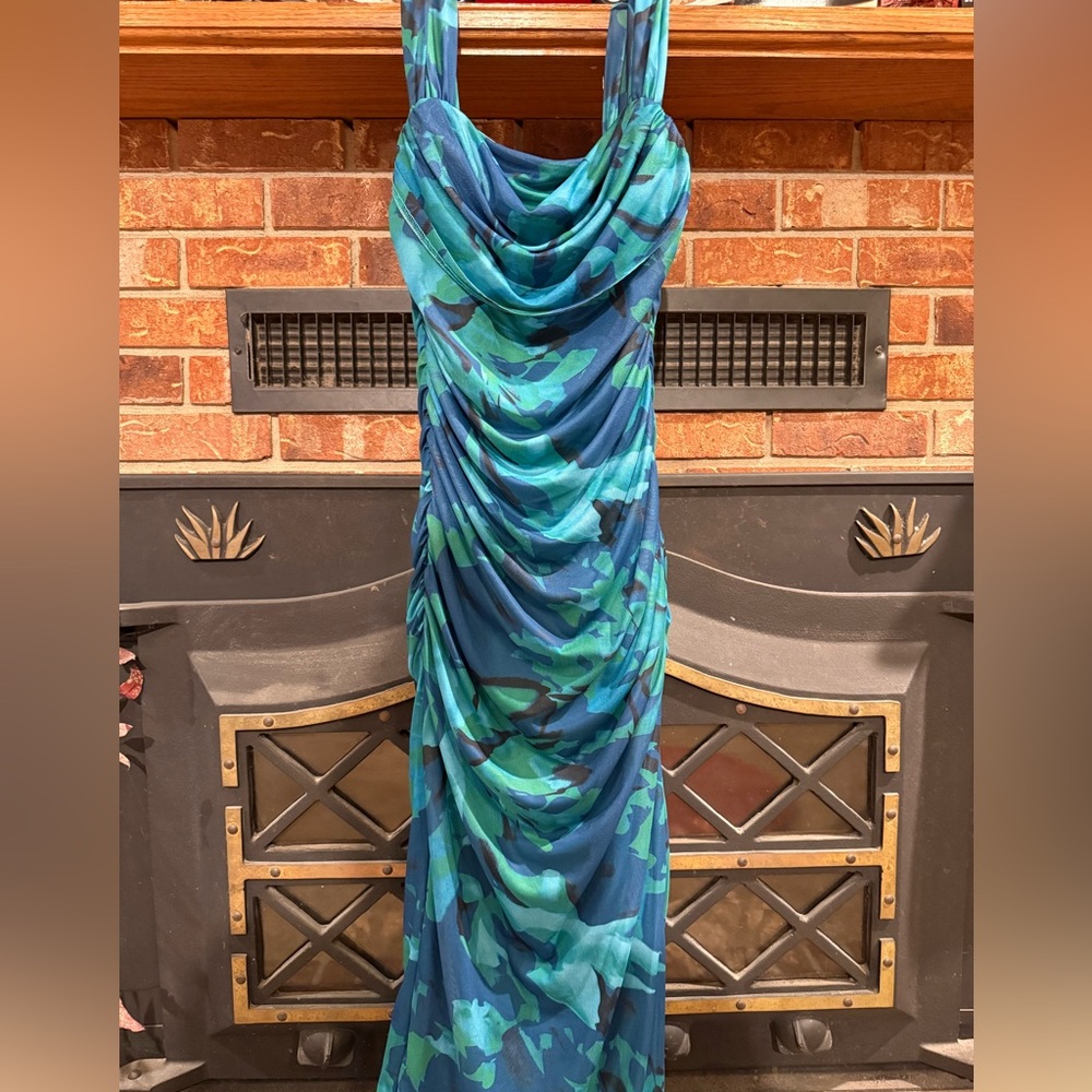 Chic Draped Women's Maxi Dress in Blue and Green. Worn once.
